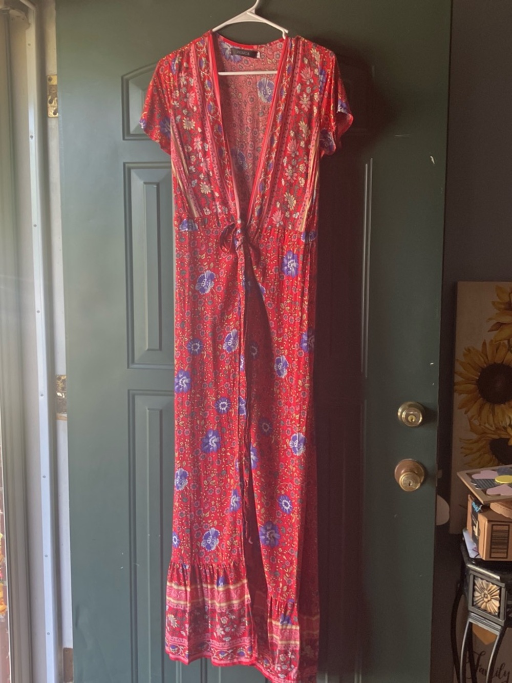 Women's Red Floral Maxi Dress with Tie Front